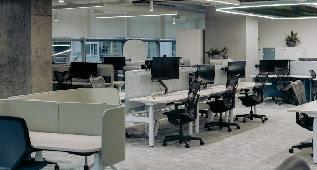 modern office with computer screens