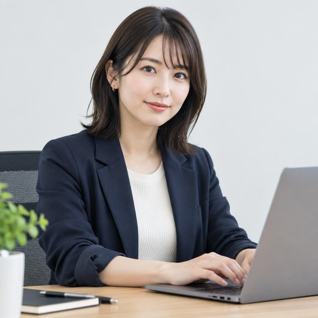 Studio portrait of a Japanese woman software engineer working on a laptop